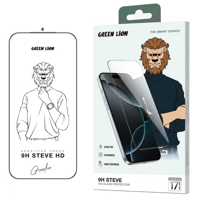 گلس تمام صفحه تمام چسب آیفون گرین لاین Apple iPhone 17 Pro Green Lion 9H Steve